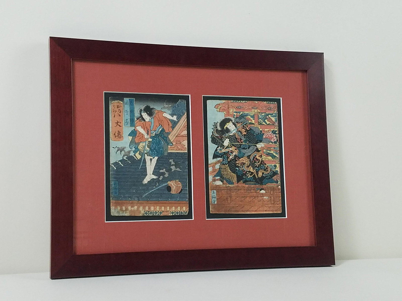 Utagawa Kuniyoshi 19th C Woodblock Prints: Overall with frame 13-1/2" high x 17-1/4" wide.