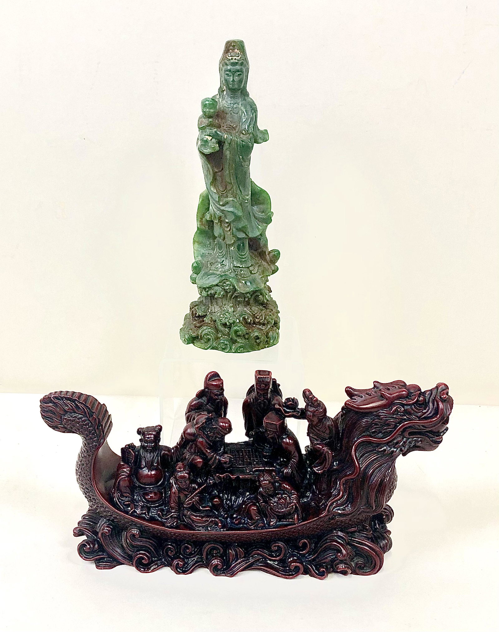 Chinese Boat and Jade Figure: Includes jade figure 8 1/2" high. Also includes resin boat with figures. 10 1/4" long x 3" wide x 5" high.