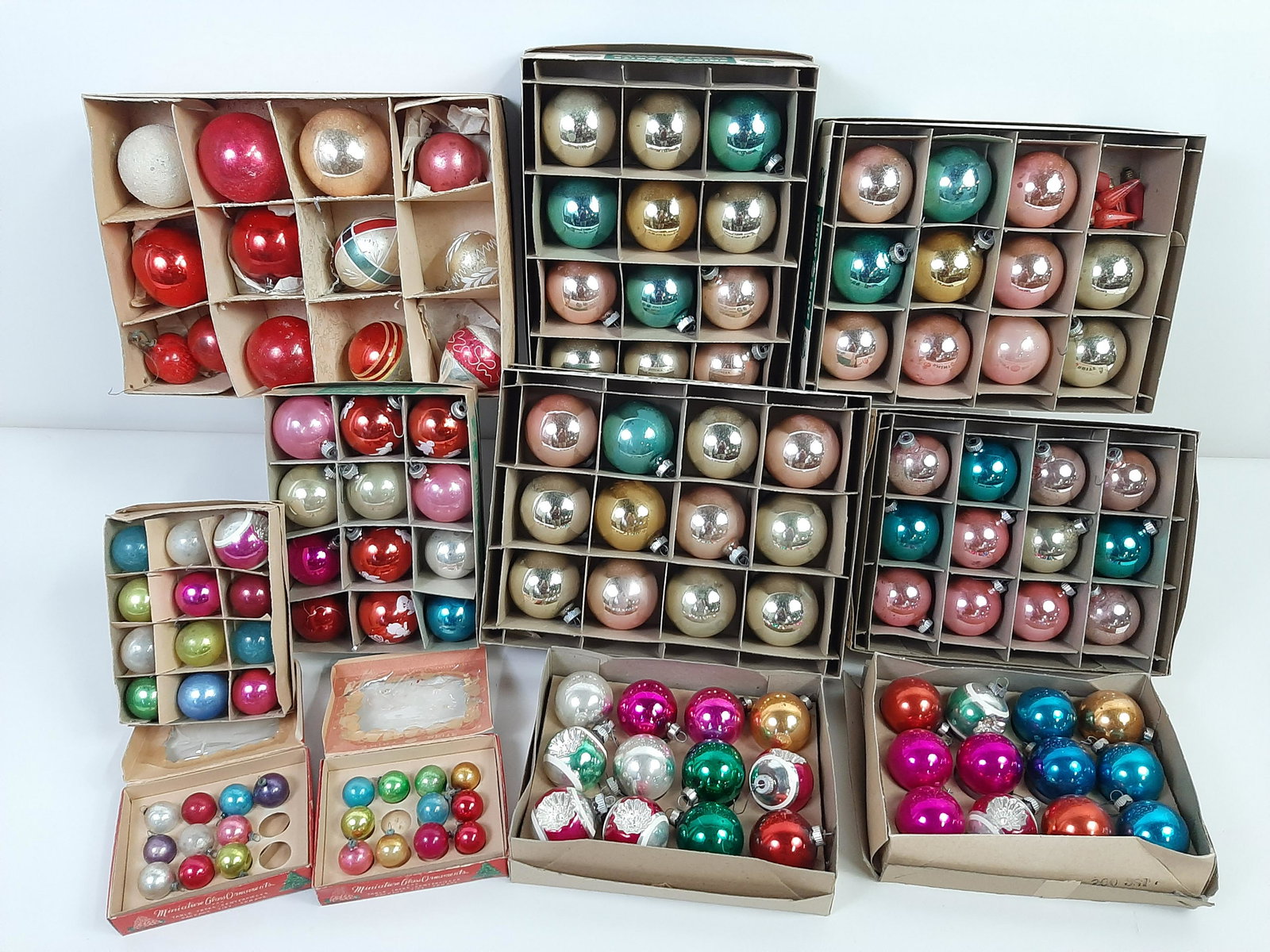 150 Pc Vintage Christmas Ornaments: 13 Boxes. Includes Shiny Brite and Santa Novelties, inc. 1" to 2 1/2" diameter.