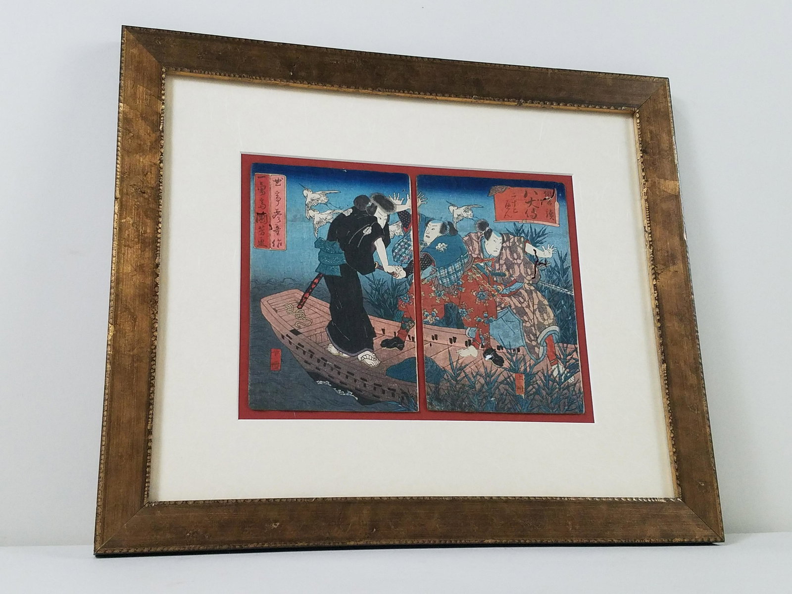 Utagawa Kuniyoshi Tale of Gewii Woodblock Prints: Overall with frame 14" high x 16-1/2" wide.