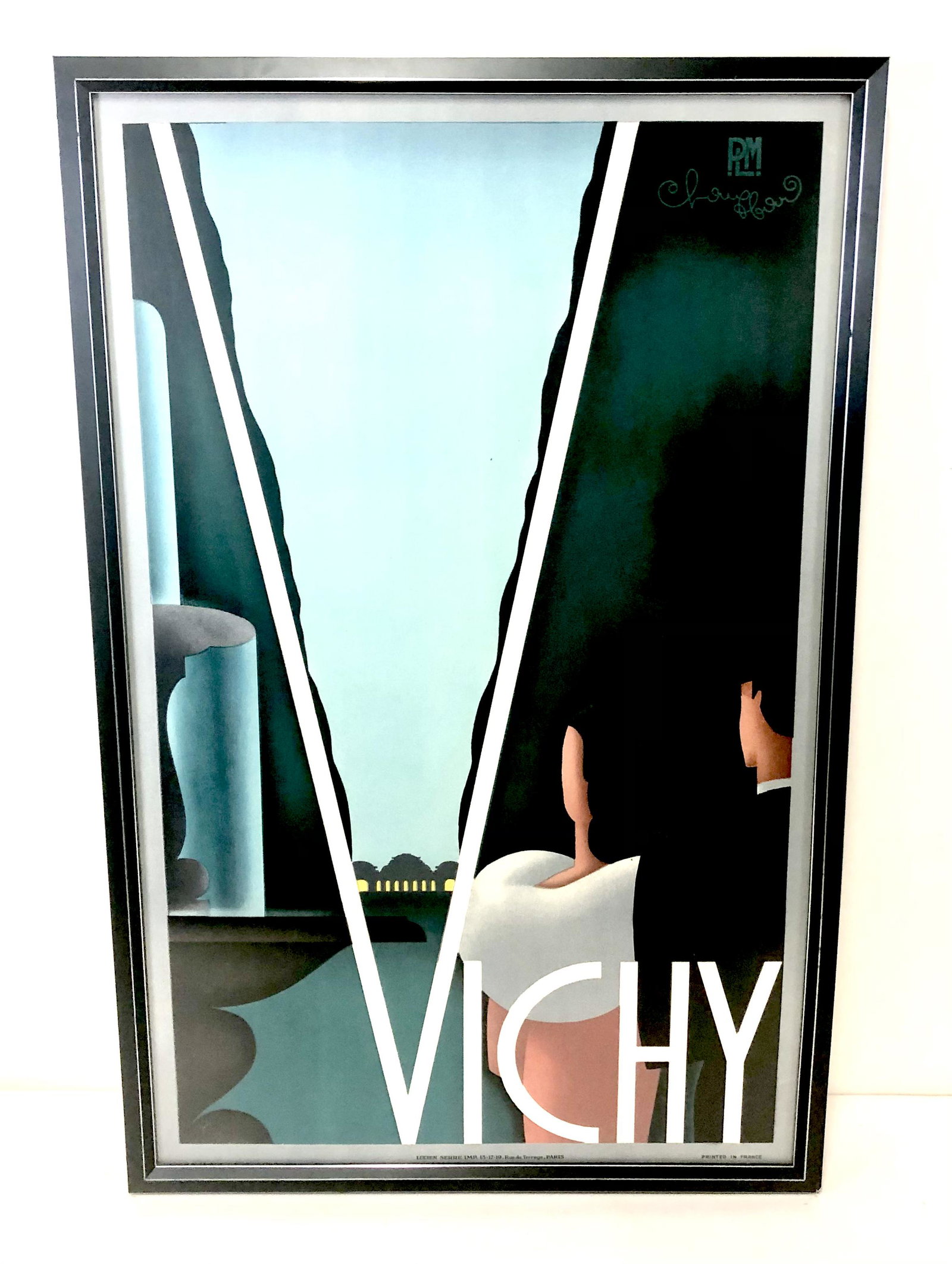A. Chauffour PLM "Vichy" French Travel Reprint Poster: Signed "Chauffour." Printed in France. Lucien Serre Imp: 15-17-19, Rue de Terrage, Paris. Overall with frame 41 1/2" high x 26 3/4" wide.