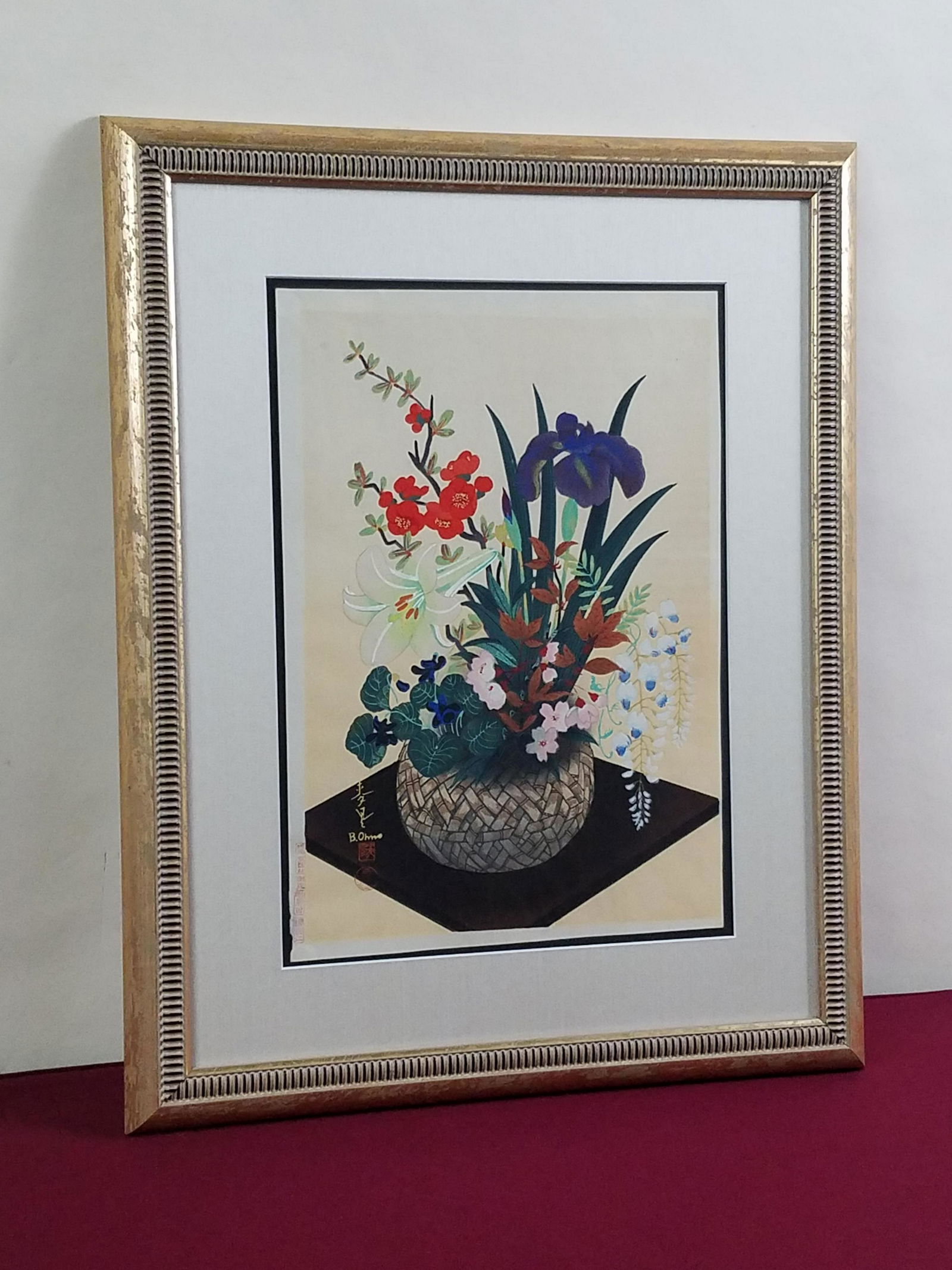 Bakufu Ohno "Flowers in Bamboo Basket" Woodblock (1 of 3)