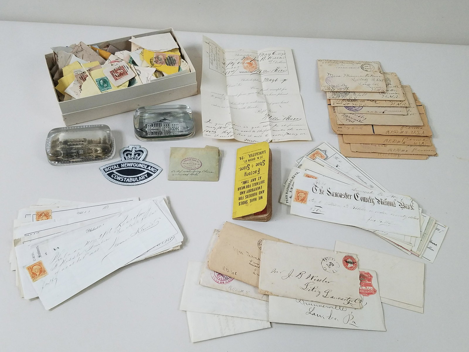 Ephemera incl WWI Letters and Stamps: Also includes paperweights of Hershey and Chicago and checks from Lancaster and Philadelphia.