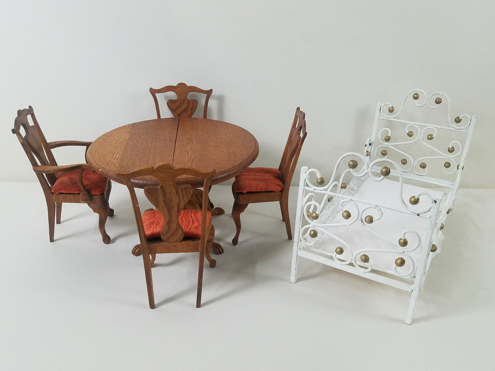 Antique Miniature Table and 4 Chairs & Bed (1 of 6)