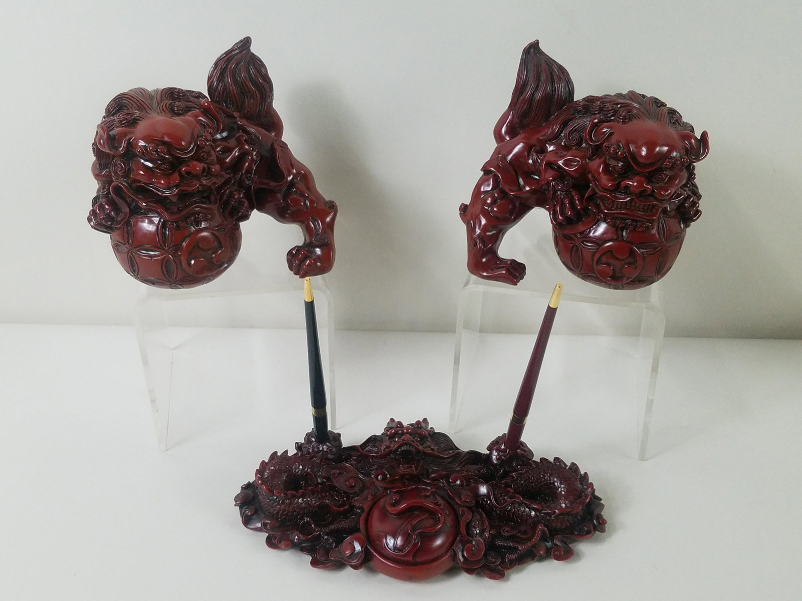 Pr Asian Desk Set and Foo Dogs: All made of resin material. 6" to 9-1/4" wide x 4-1/2" to 5" deep x 5-1/4" to 7-1/2" high.