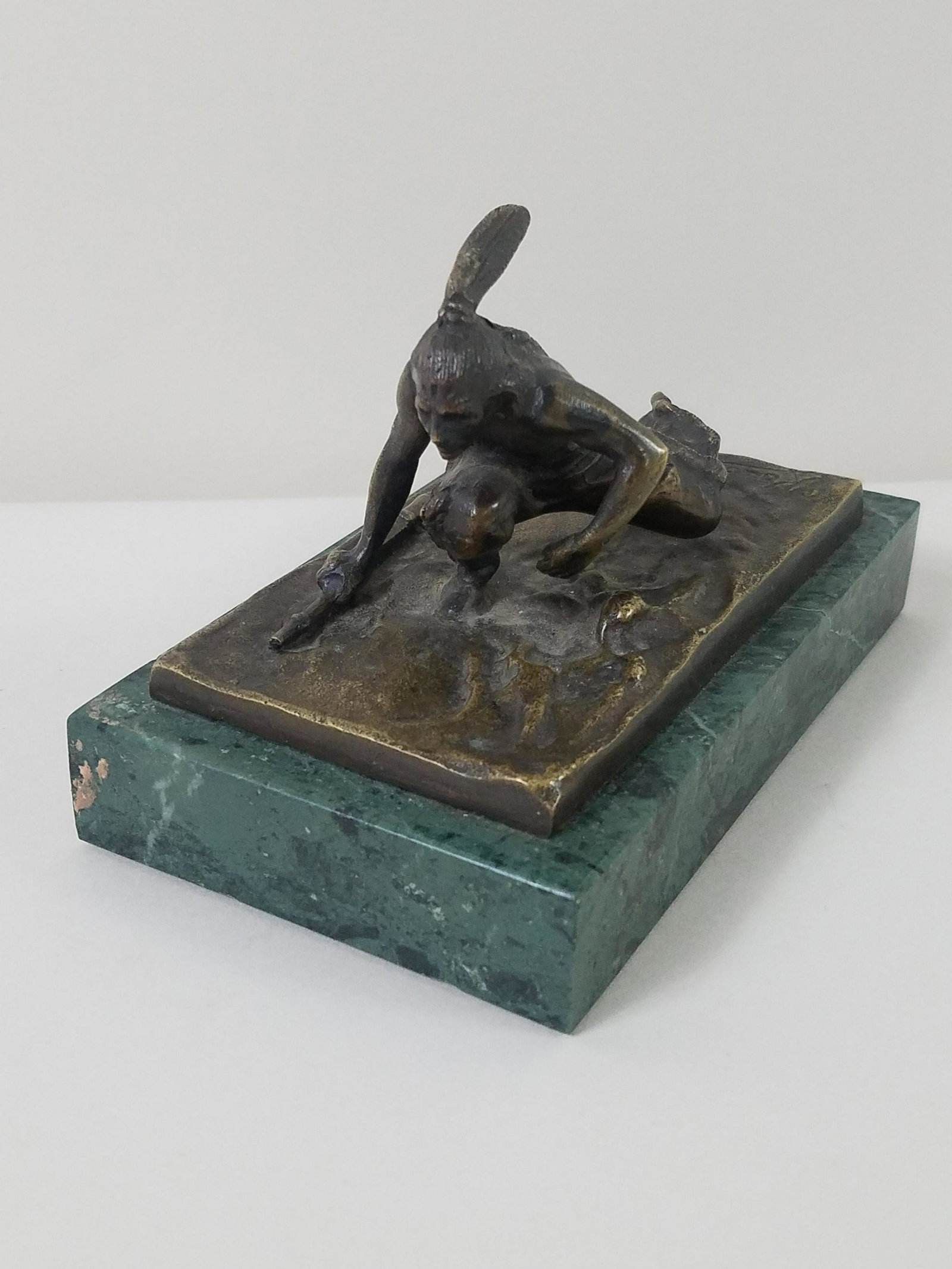 Carl Kauba (1868-1922) Bronze Indian with Marble Base: Carl Kauba (Austria / United States). 3" wide x 5" deep x 3-1/4" high.