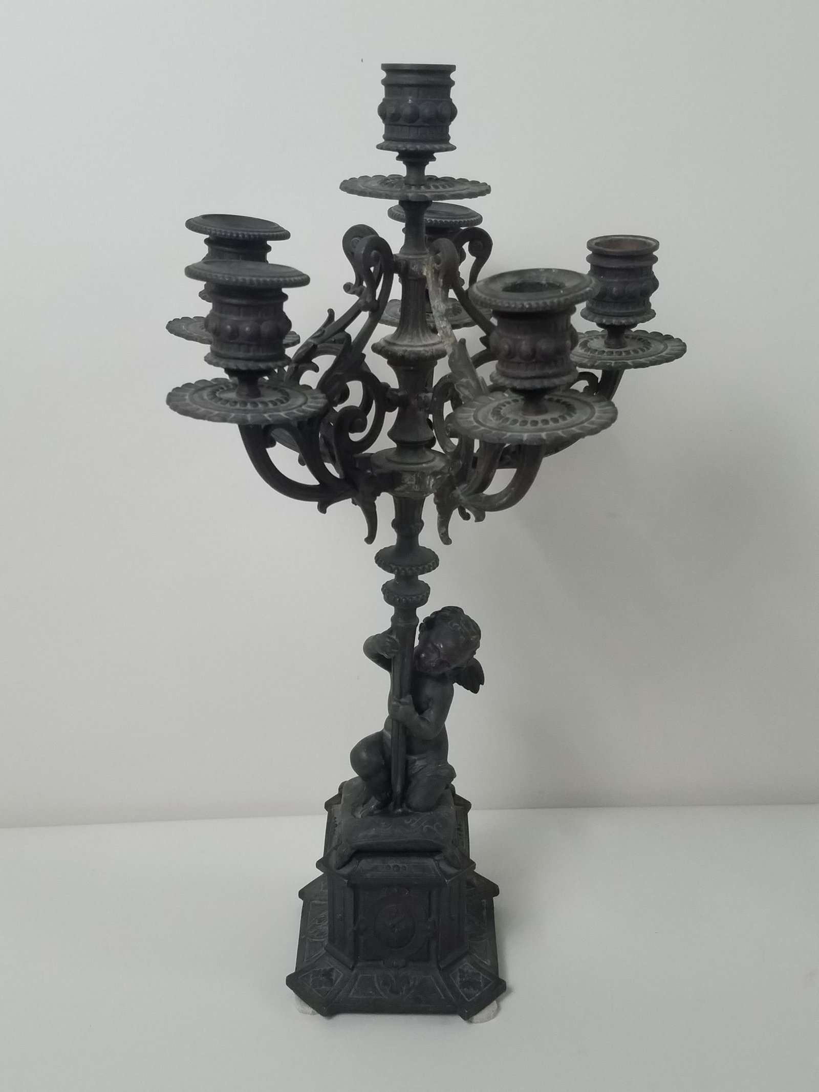 Figural 6 Light Candelabra: Cast metal. 10" wide x 18" high. Marked under base "G 162".