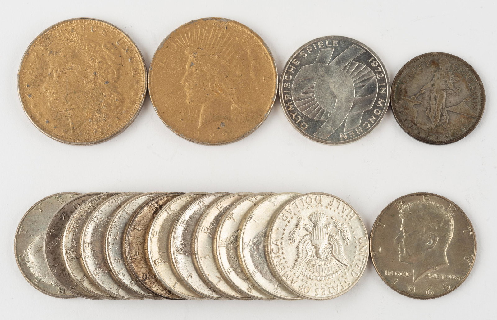 Peace Dollars and JFK 50 Cents: Peace dollars incl 1921 and 1922 (painted with gold paint). JFK 50 cents: 12 1964, 1 1966. Also includes 1907 25 Centavos. IMPORTANT: Before bidding, please read the terms and conditions below. When y