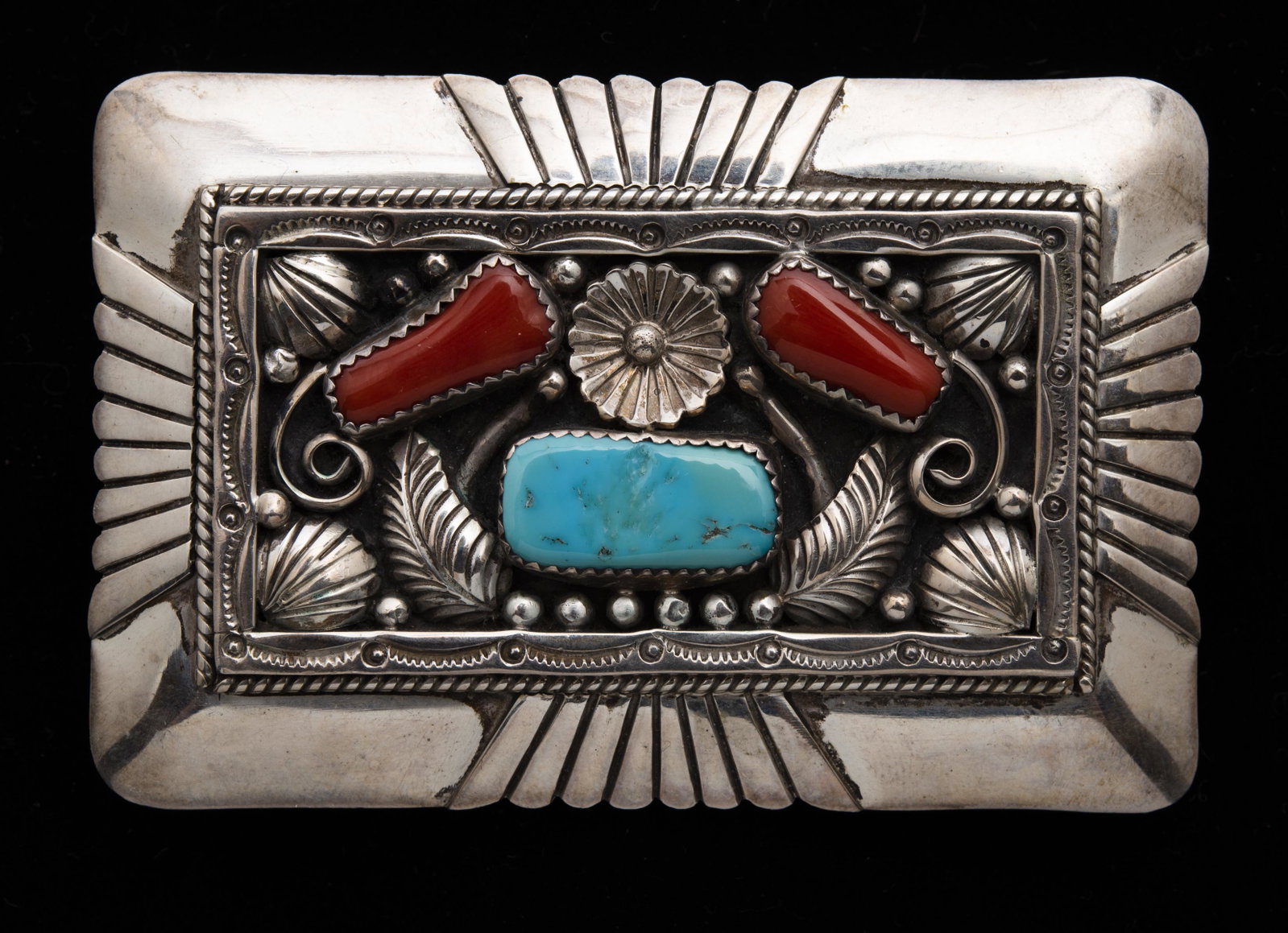 Sterling Silver, Turquoise & Coral Belt Buckle: Buckle 3" x 2". Turquoise 3/4" x 3/8". Coral 1/2" x 1/4". 1.85 ozt. IMPORTANT: Before bidding, please read the terms and conditions below. When you registered for the auction you agreed to these terms