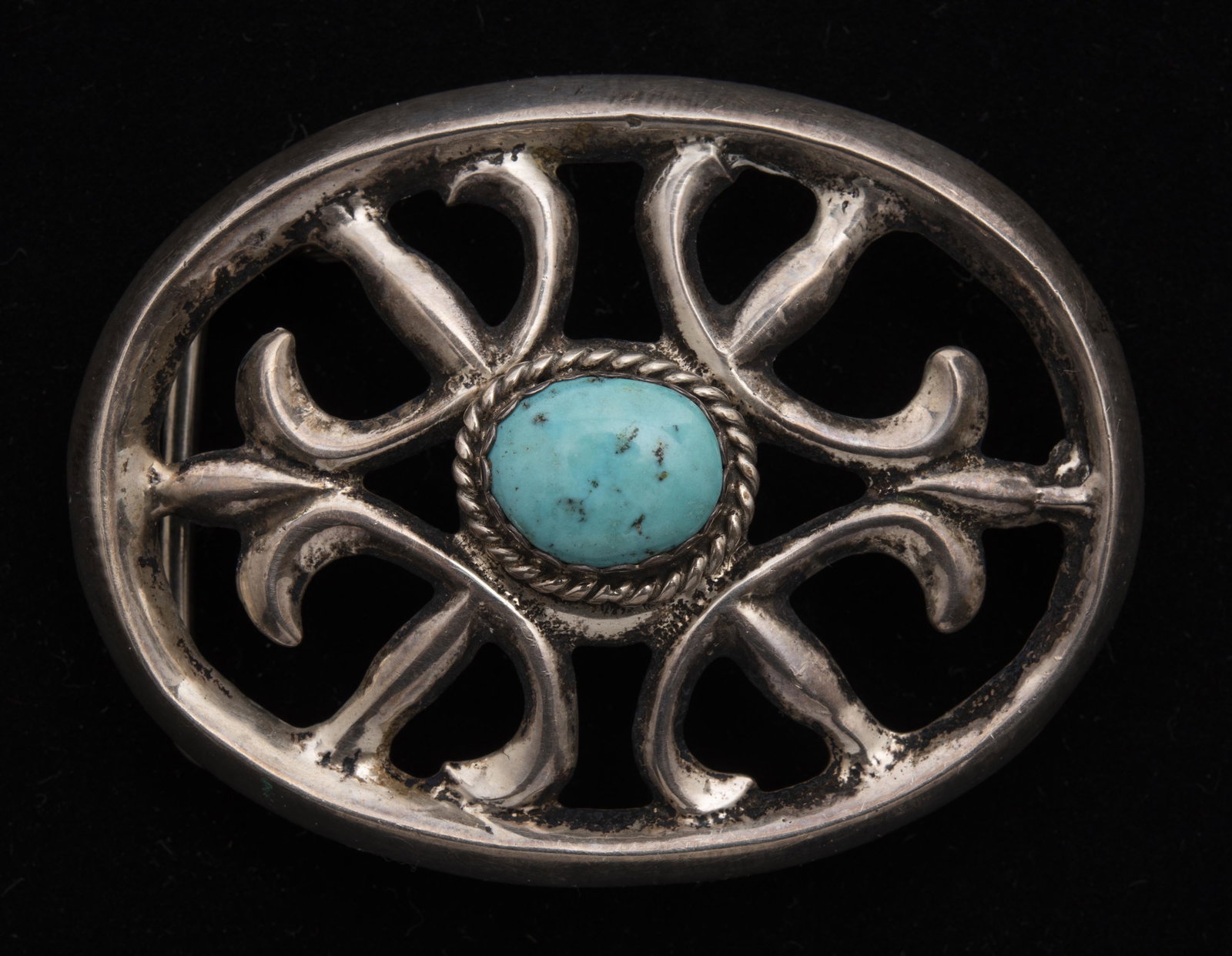 Sterling Silver & Turquoise Belt Buckle: Buckle 2-3/4" x 2". Turquoise 5/8" x 1/2". 1.54 ozt. IMPORTANT: Before bidding, please read the terms and conditions below. When you registered for the auction you agreed to these terms and will be re