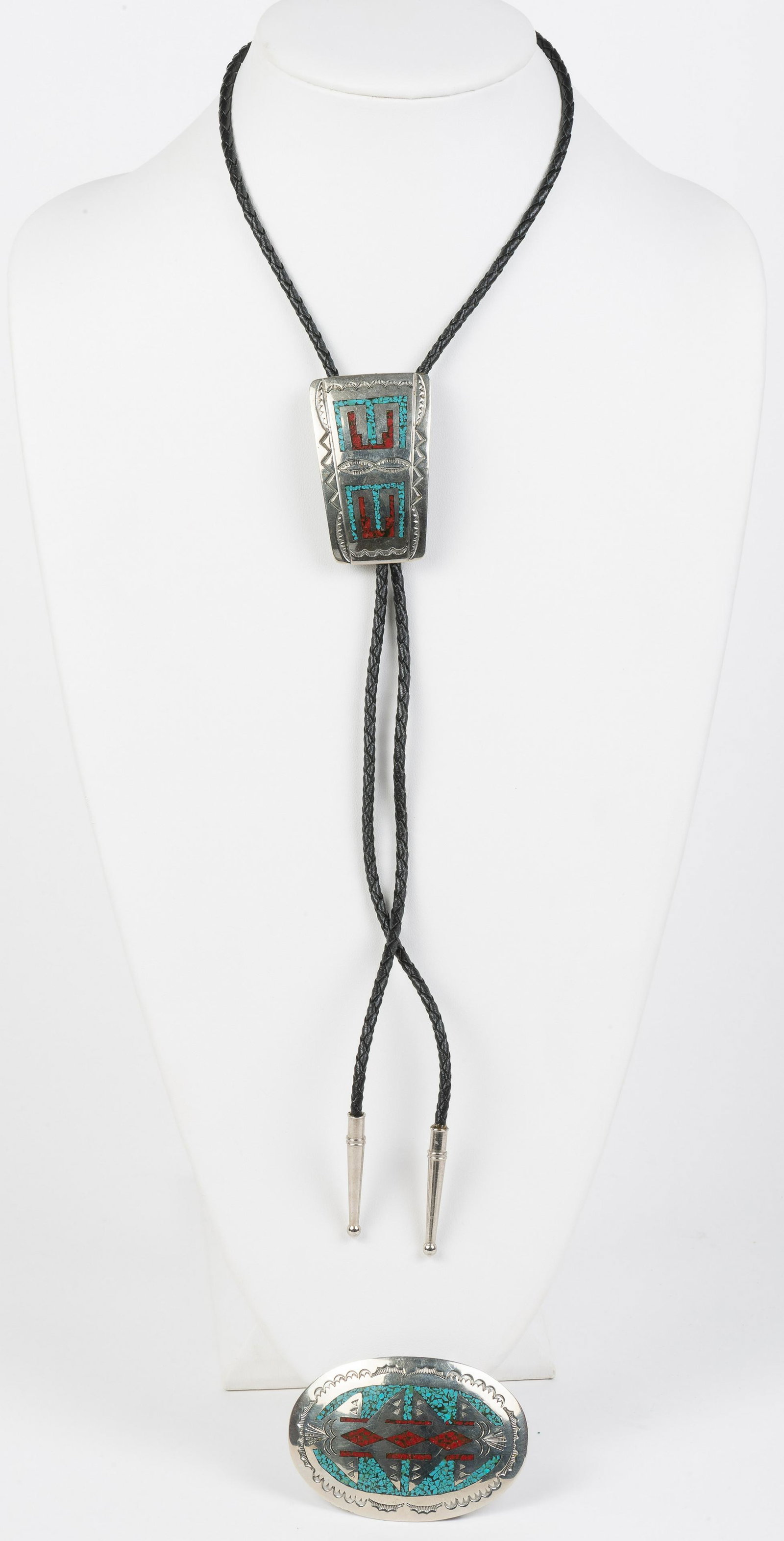 Silver, Turquoise & Coral Inlay Bolo & Belt Buckle: Slide 2-1/2" x 1-1/2". Black braided cord 33" long. Silver tips 1-1/2" long. Belt buckle 3-1/8" x 2". IMPORTANT: Before bidding, please read the terms and conditions below. When you registered for the
