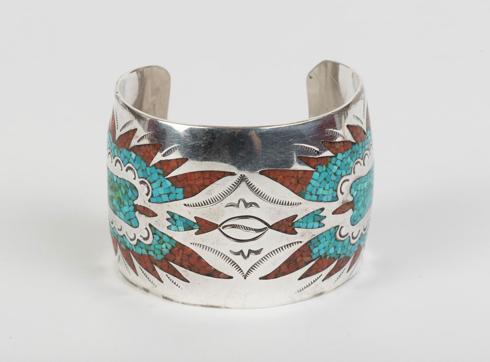 Inlaid Sterling, Coral & Turquoise Cuff Bracelet (1 of 4)