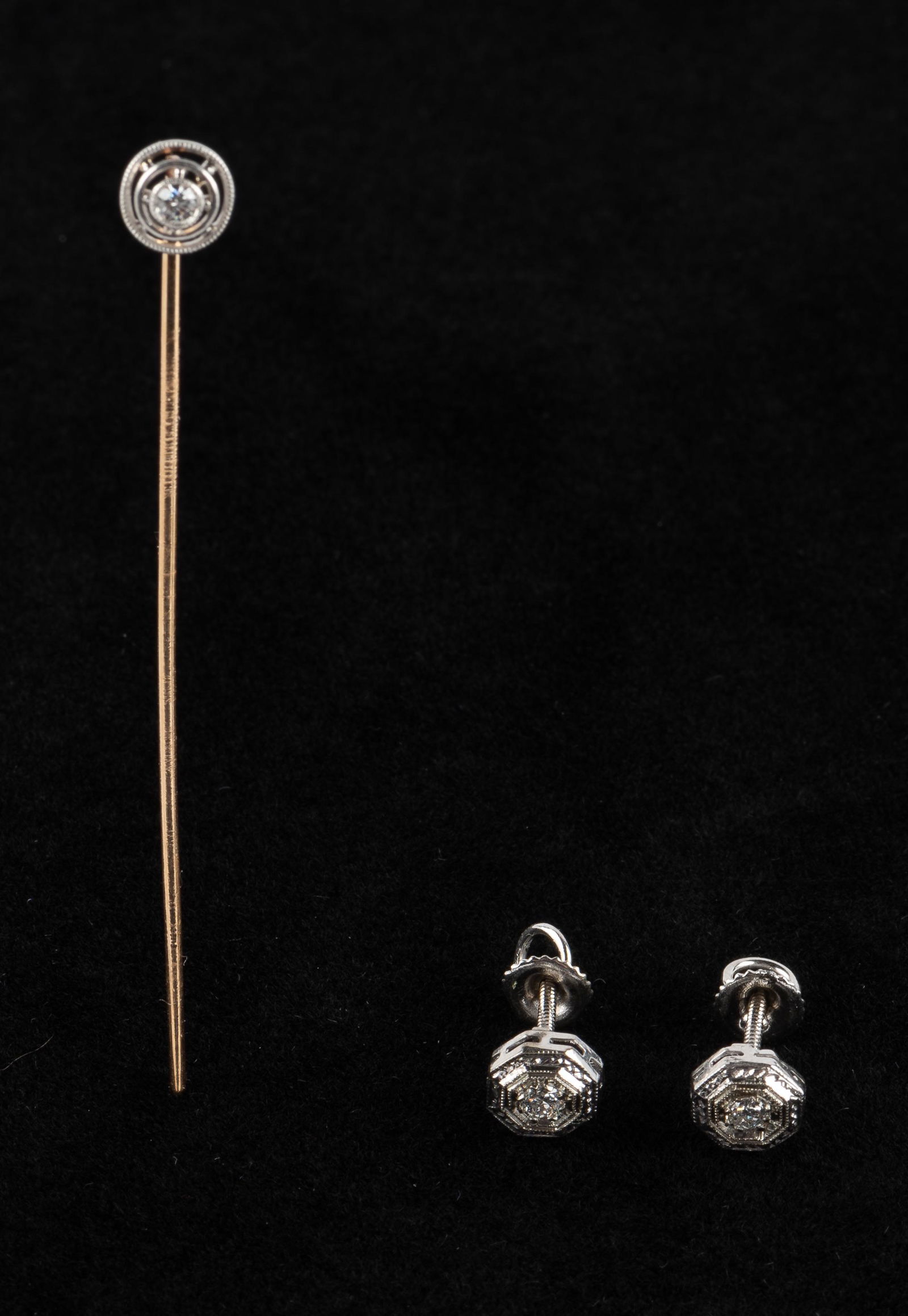 Gold & Diamond Stick Pin & Earrings: Each with 5 point diamond. Pin 2-1/2". Screwback earrings 1/4". Total 1.4 dwt. IMPORTANT: Before bidding, please read the terms and conditions below. When you registered for the auction you agreed to