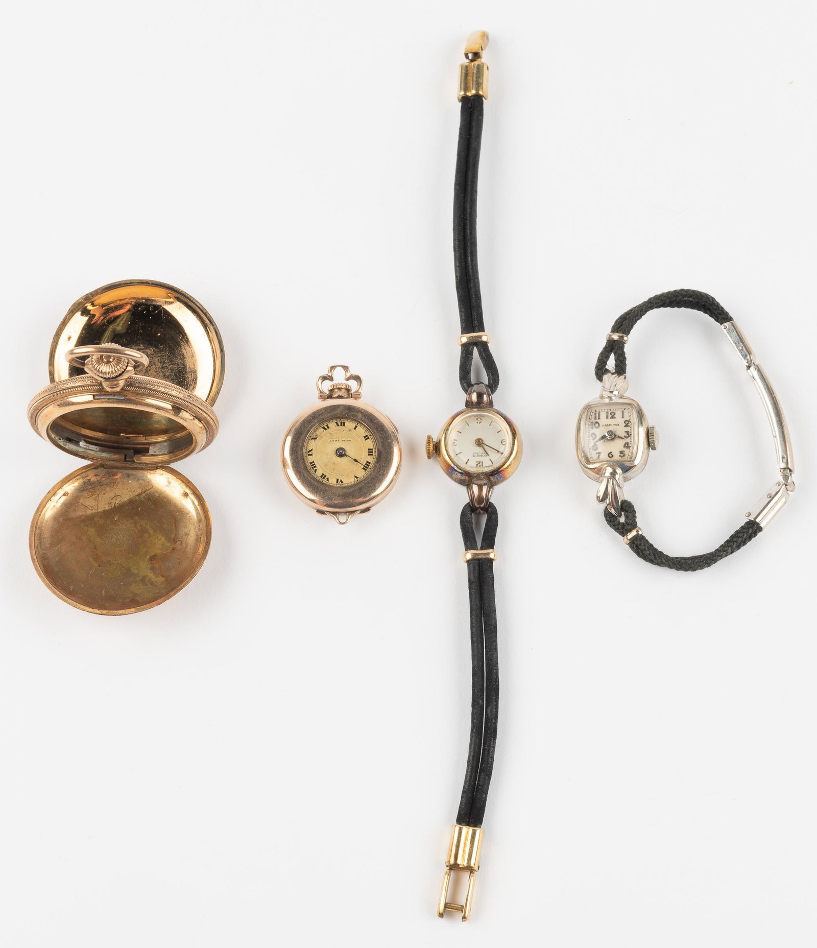 3 Goldfilled Watches & Case: Wrist: Hamilton and Consul. Pocket: Lady Penn. Hunter case. IMPORTANT: Before bidding, please read the terms and conditions below. When you registered for the auction you agreed to these terms and wil