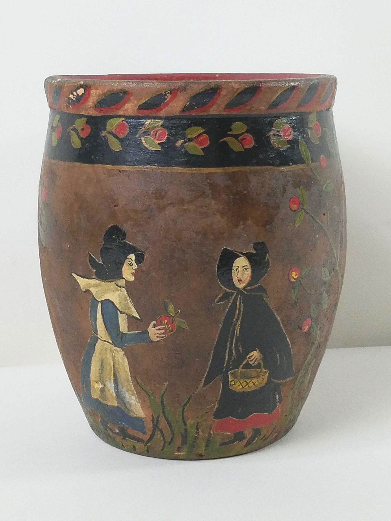 Painted Redware Pot: 9 1/2" diameter X 10 1/2" high. Depicts fairy tale.