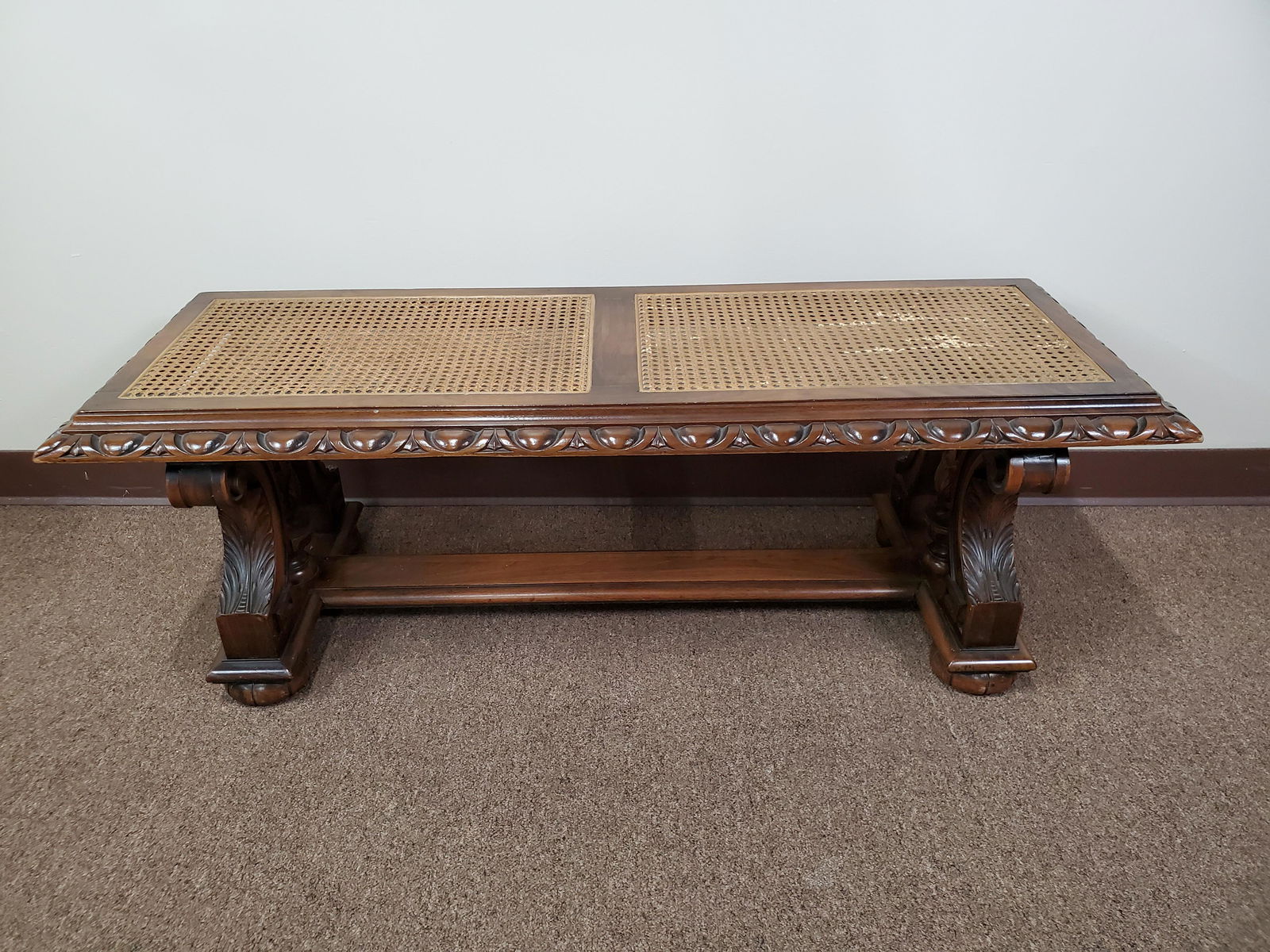 Cane Top Carved Wood Bench (1 of 3)