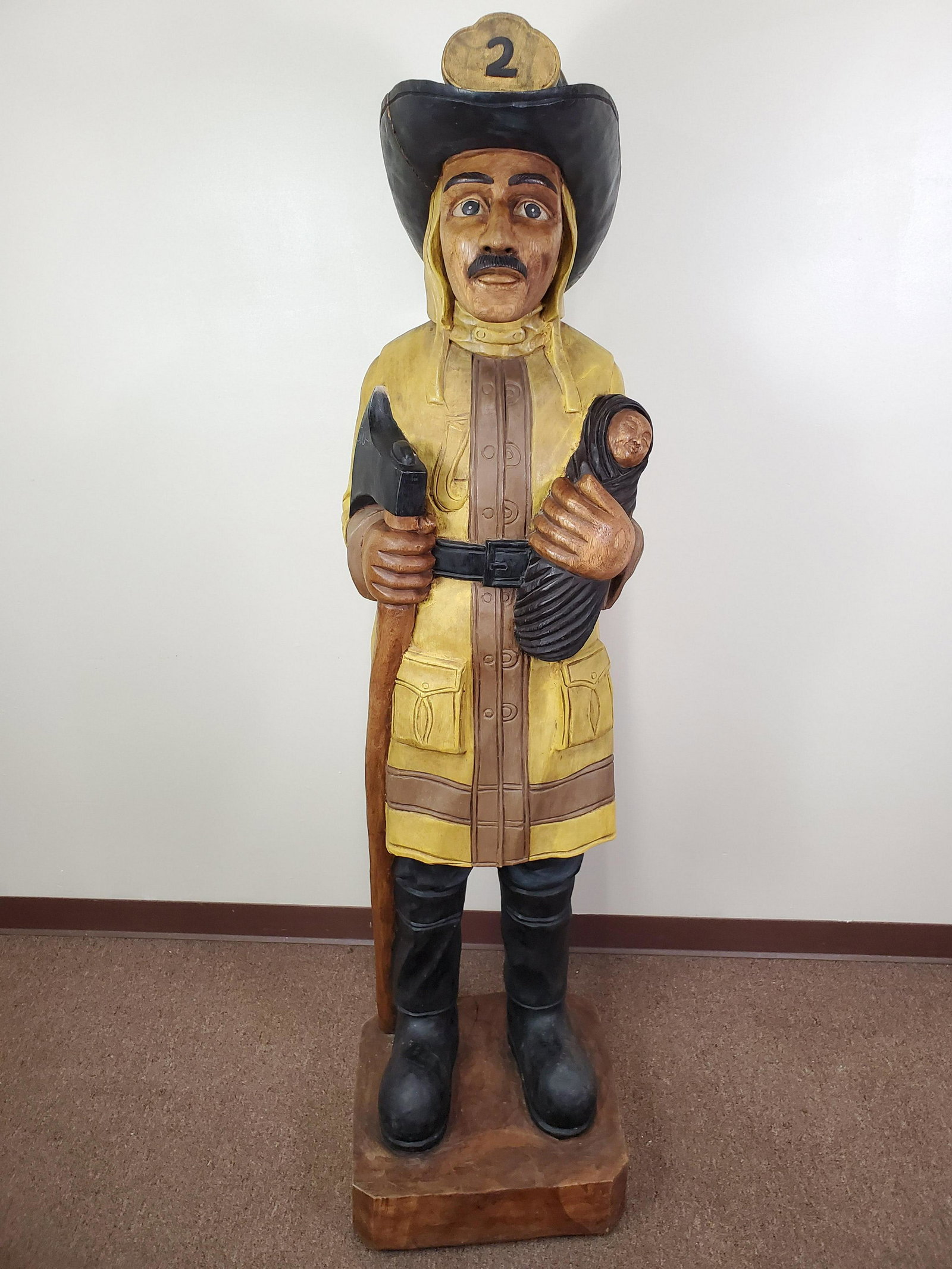 5'9" Carved Fire Fighter Wooden Statue (1 of 6)