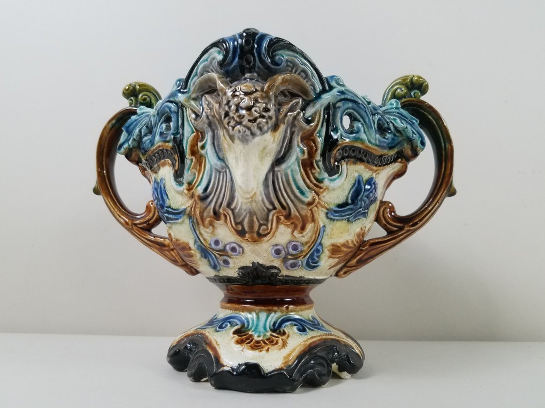 Majolica Urn with Rams Head: Possibly George Jones. 12" wide X 9 1/4" deep X 8 3/4" high.