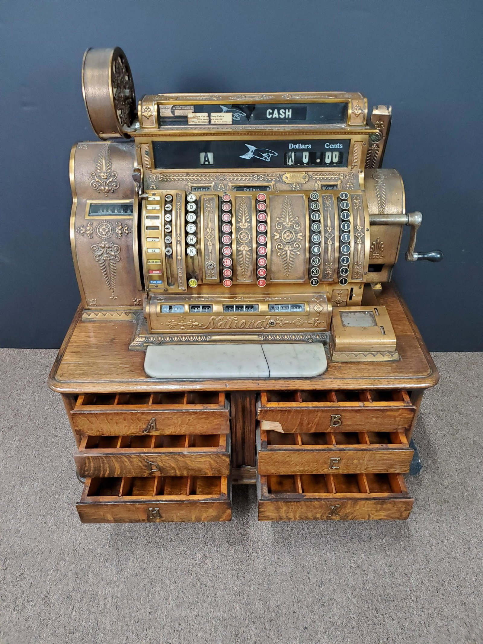 National Cash Register 592-EL-6C: 30 1/2" wide X 20 1/2" deep X 33" high. Working.