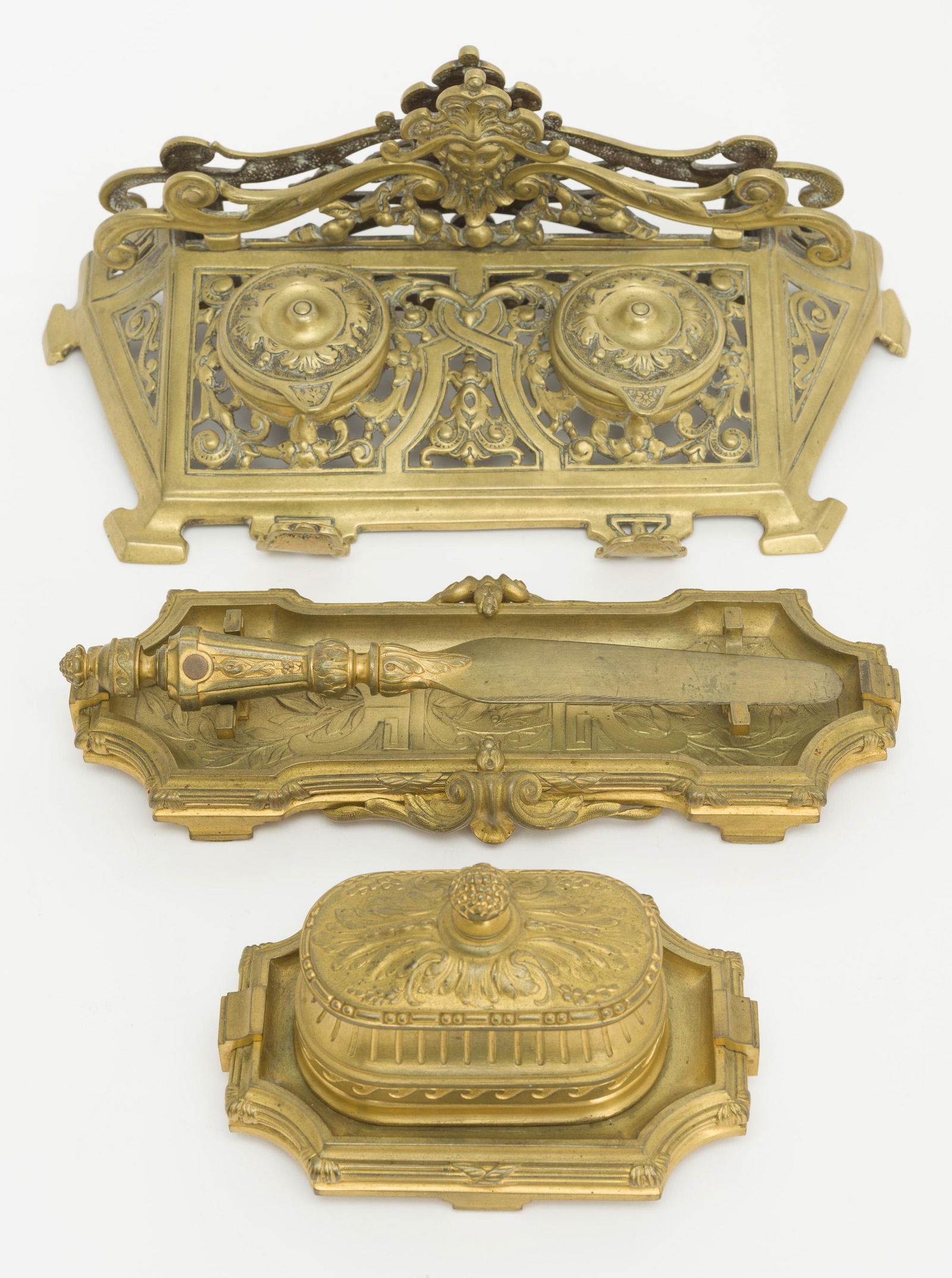 Bronze Dore Inkwells, Paper Knife, Holder & Chest (1 of 12)