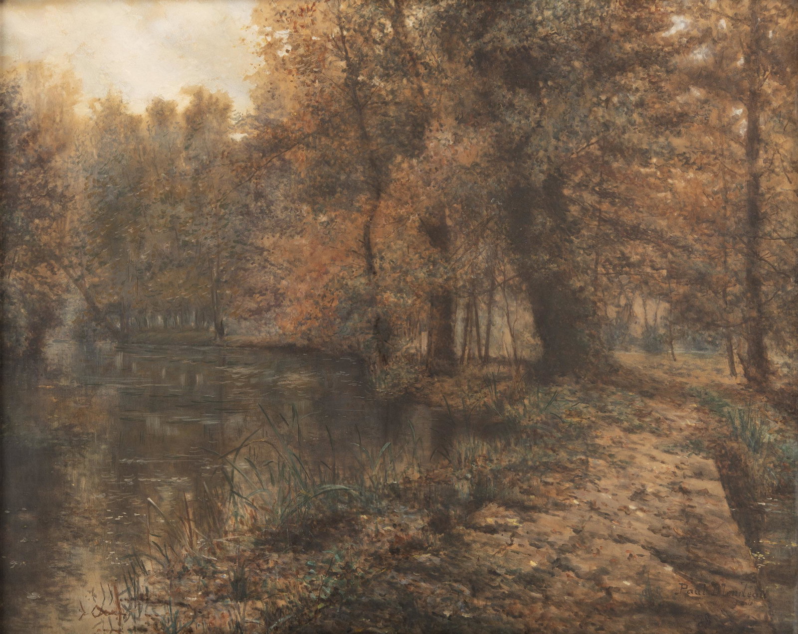 Paul Blondeau (France19th-20th Century): Paul Blondeau (France19th-20th century). Watercolor on paper. Landscape. Signed lower right. In elaborate gilt wood and gesso frame. MEASUREMENTS: 25" high x 31" wide. Overall with frame 36" high x 42