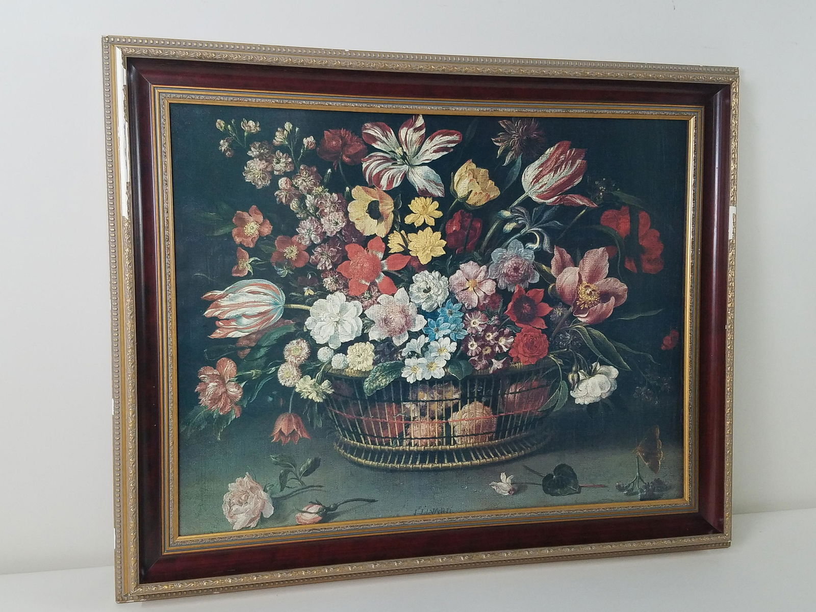 Jacques Linard Basket of Flowers Print: Overall with frame 28-3/4" high x 35-3/4" wide. Losses to frame.
