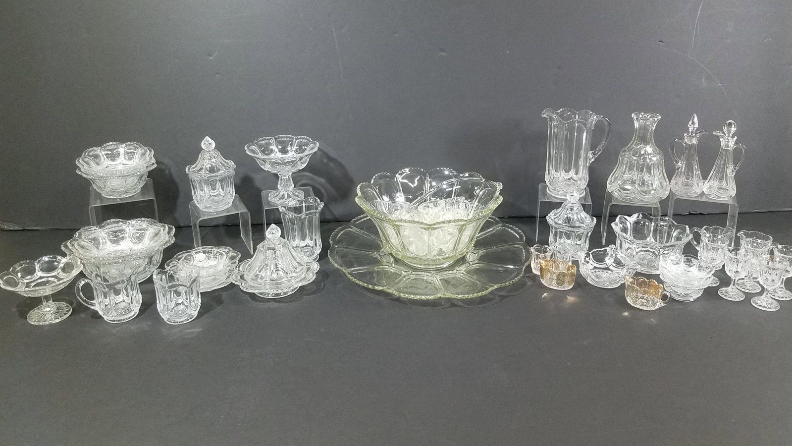 56 Pcs EAPG Galloway Glassware: Include Sierra, Crivitz, toothpick holder, triangular dish, wine glasses, bowls, compotes.