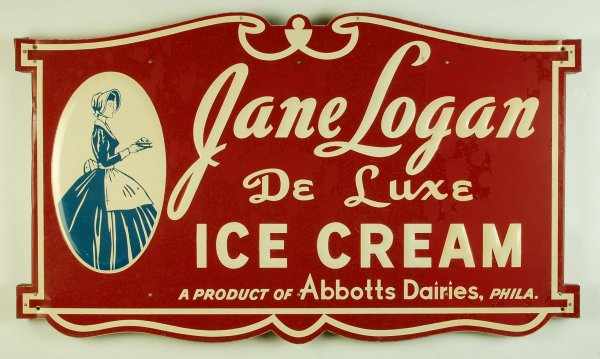 Jane Logan De Luxe Ice Cream Sign: DESCRIPTION: Jane Logan De Luxe Ice Cream enameled aluminum sign with wording in relief. Also marked "A Product of Abbotts Dairies, Phila.". Side marked "M-H Co. Phila. AFL 1159 5611". PROVENANCE: Pro