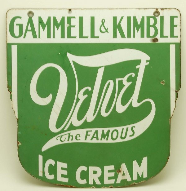 Gammell & Kimble Velvet Ice Cream Sign: DESCRIPTION: Ice cream sign of heavy enameled steel two sided, "Gammell & Kimble Velvet The Famous Ice Cream". PROVENANCE: Property from the collection of Charles D. Morris, Mechanicsburg, Pennsylvani