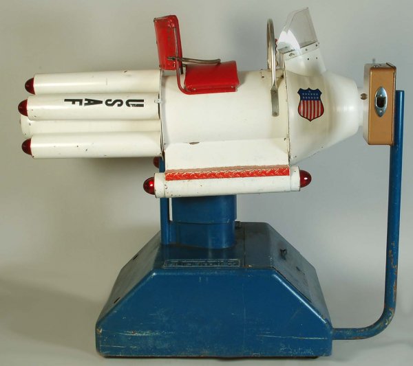 Chicago Coin's Super-Jet Kiddie Ride: DESCRIPTION: Chicago Coin's Super-Jet kiddie ride in the form of a space ship with USAF decals (later additions). Vinyl covered seat with chain seatbelt. Instrument panel with space ship, joystick and