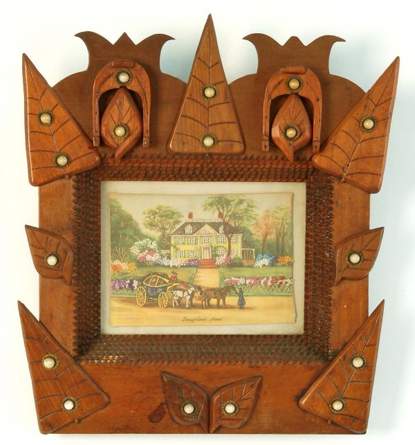 Carved Tramp Art Frame: DESCRIPTION: Very fine Tramp Art carved frame featuring a recessed chip carved center with applied pine trees and leaves around the border with Victorian enamel button decoration. Typical finishing na