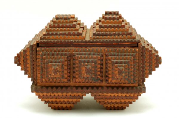 Small Tramp Art Box: DESCRIPTION: Tramp Art form two piece chest. Top and bottom featuring chip carved pyramids. The interior with applied velvet and Victorian art card. MEASUREMENTS: 6" x 6" x 6". CONDITION: Very good.