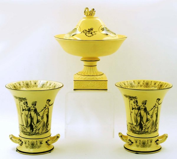 3 Pieces of Mottahedeh Design Transferware: DESCRIPTION: Lot of three pieces of Mottahedeh design transferware porcelain. A pair of 6-5/8" x 7-3/4" two handled vases marked "Italy S.5001" with label "A Mottahedeh design". One 9-3/4" x 11-1/2" c