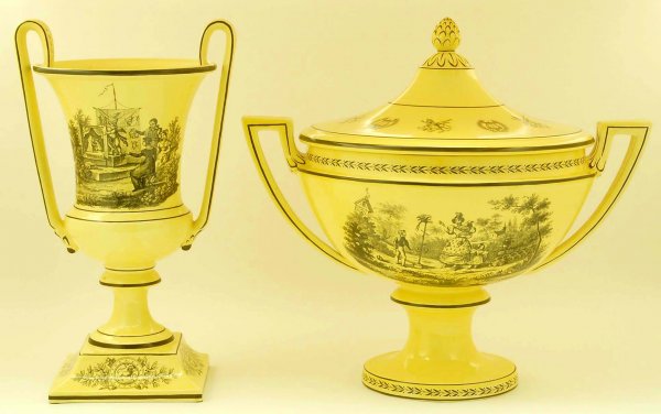 2 Pieces of Mottahedeh Design Transferware: DESCRIPTION: Lot of two pieces of Mottahedeh design transferware porcelain. One 13-5/8" two handled vase marked "Italy S.5009" with label "A Mottahedeh design". One large 15" x 14" covered two handled