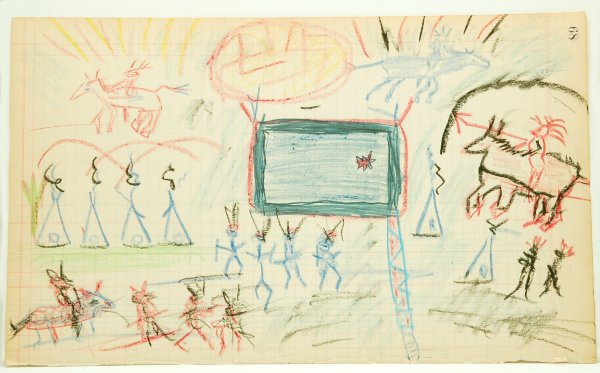 2 Native American Ledger Drawings: DESCRIPTION: Two Native American color drawings on ledger paper. Portraying teepees, animals, hunters and dancers. One has signature to reverse. Early 20th century. MEASUREMENTS: 8-1/2" x 13-3/4". CON