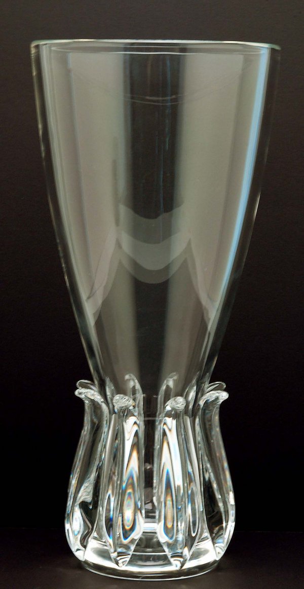 Signed Steuben Peony Vase: DESCRIPTION: A large and heavy crystal vase of tapered form with curved "petals" along the base similar to other Steuben Peony vases. Signed under base "Steuben". MEASUREMENTS: 14-3/8". CONDITION: Min