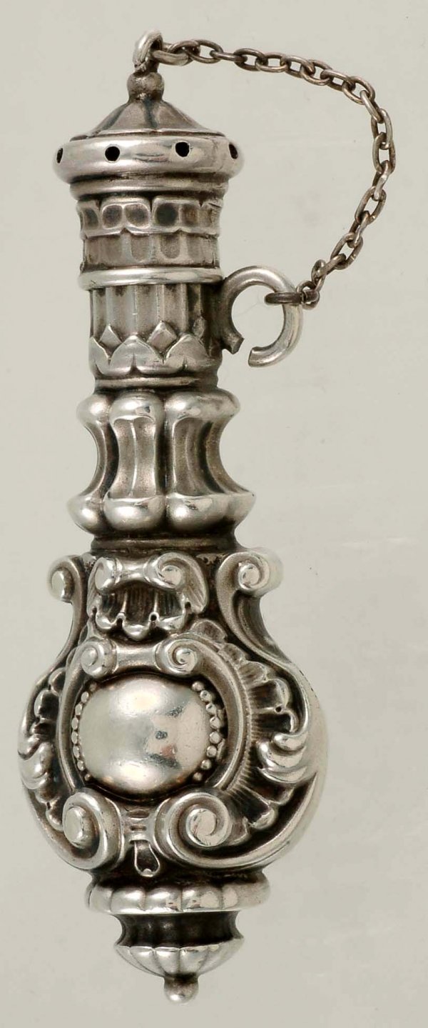 Victorian Sterling Vinaigrette/Scent Bottle: DESCRIPTION: A Victorian scrolled sterling silver vinaigrette or scent bottle for a chatelaine. Marked to neck "Sterling". MEASUREMENTS: .26 troy ounces. 2-3/8". CONDITION: No defects noted.