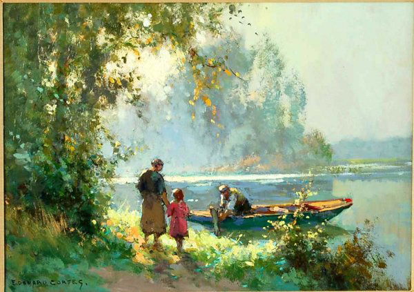Edouard Cortes (French, 1882-1969): DESCRIPTION: Edouard Cortes (French, 1882-1969). Painting. Oil on canvas. Byway in Normany. Signed lower left "Edouard Cortes". Housed in gilt frame with linen liner and tag marked "Edouard Cortes Byw