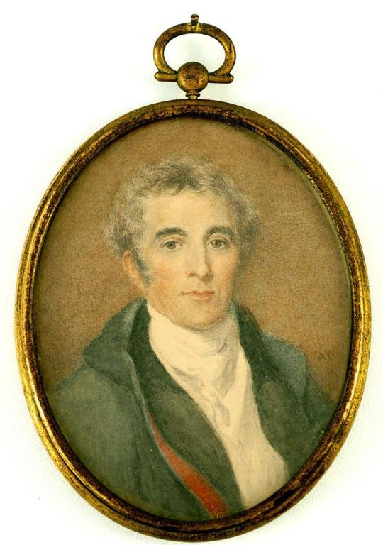 Alton Wiles (English, 19th/20th C) Miniature: DESCRIPTION: Alton Wiles (English, 19th/20th century). A miniature watercolor portrait on paper. Signed lower right "AW". Penciled notation to reverse "A. Wiles Duke of Wellington from painting by Sir