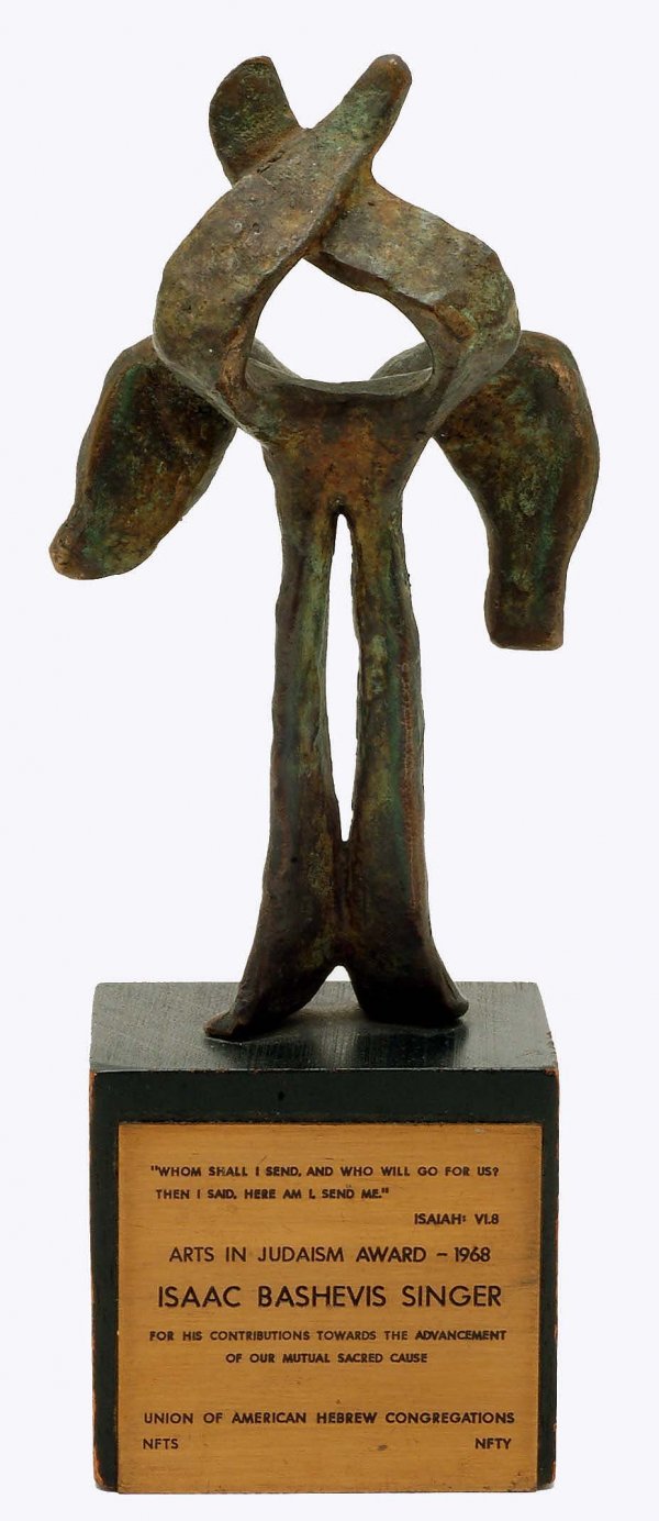 Nathaniel Kaz (American, 1917-): DESCRIPTION: Nathaniel Kaz (American, 1917-). Bronze sculpture. Arts in Judaism Award. Signed and dated "66" to back. On square wood base with metal tag "Arts in Judaism Award - 1968 Isaac Bashevis Si