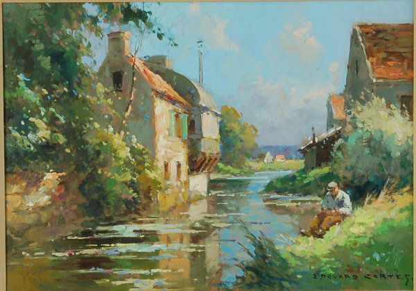 Edouard Cortes (French, 1882-1969): DESCRIPTION: Edouard Cortes (French, 1882-1969). Painting. Oil on canvas. The Sunny Bank. Signed lower right "Edouard Cortes". Housed in gilt frame with linen liner and tag marked "The Sunny Bank Edou