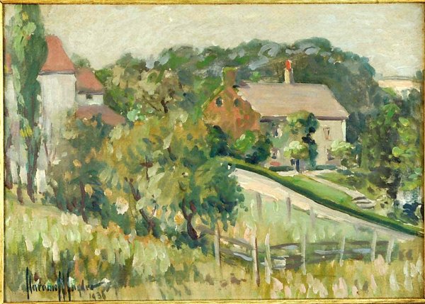 Clarence W. Snyder (American, 1873-1948): DESCRIPTION: Clarence W. Snyder (American, 1873-1948). Painting. Oil on board. Landscape with farmhouse and barn. Signed and dated lower left "Clarence W. Snyder 1936". In gilded frame. MEASURMENTS: 9