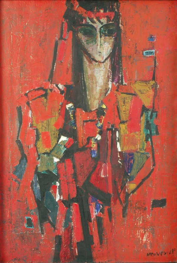 Zvi Mairovich (Israeli, 1911-1973): DESCRIPTION: Zvi Mairovich (Israeli, 1911-1973). Painting. Oil on canvas. Figure on red ground. Signed lower right "Mairovich". Written on canvas verso "Zvi Mairovich 5, Jerusalem St., Haifa Israel".