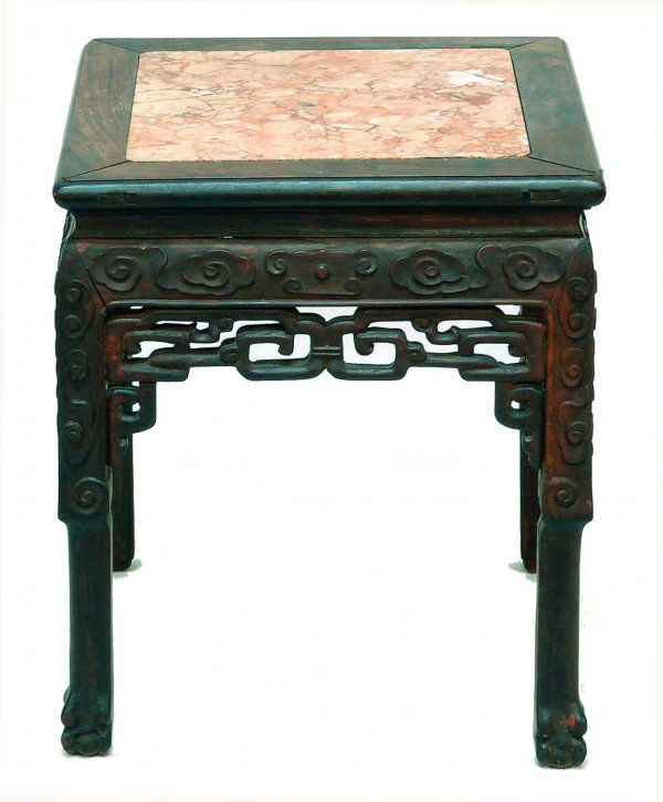 Chinese Rose Marble Stand: DESCRIPTION: Chinese stand carved with rose marble insert. Pegged construction. Rosewood. Circa 1900 to 1910. MEASUREMENTS: 15" x 15" top x 18". CONDITION: Worn finish. Minor losses and wear consisten