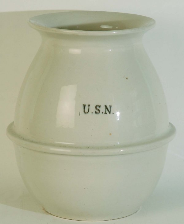 United States Navy Ironstone Spittoon: DESCRIPTION: A United States Navy ironstone galley container or spittoon. Center band, flared rim. Marked to side "U.S.N.". PROVENANCE: Property from the late Raymond A. Farr, Hummelstown, Pennsylvani