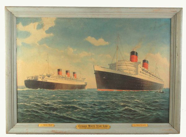 Cunard White Star Line Promotional Print: DESCRIPTION: Cunard White Star Line promotional print. Signed in print "Frederick J. Hoertz". Brass tags to frame "Cunard White Star Line Largest and Fastest Ocean LIners in the World", "R.M.S. Queen