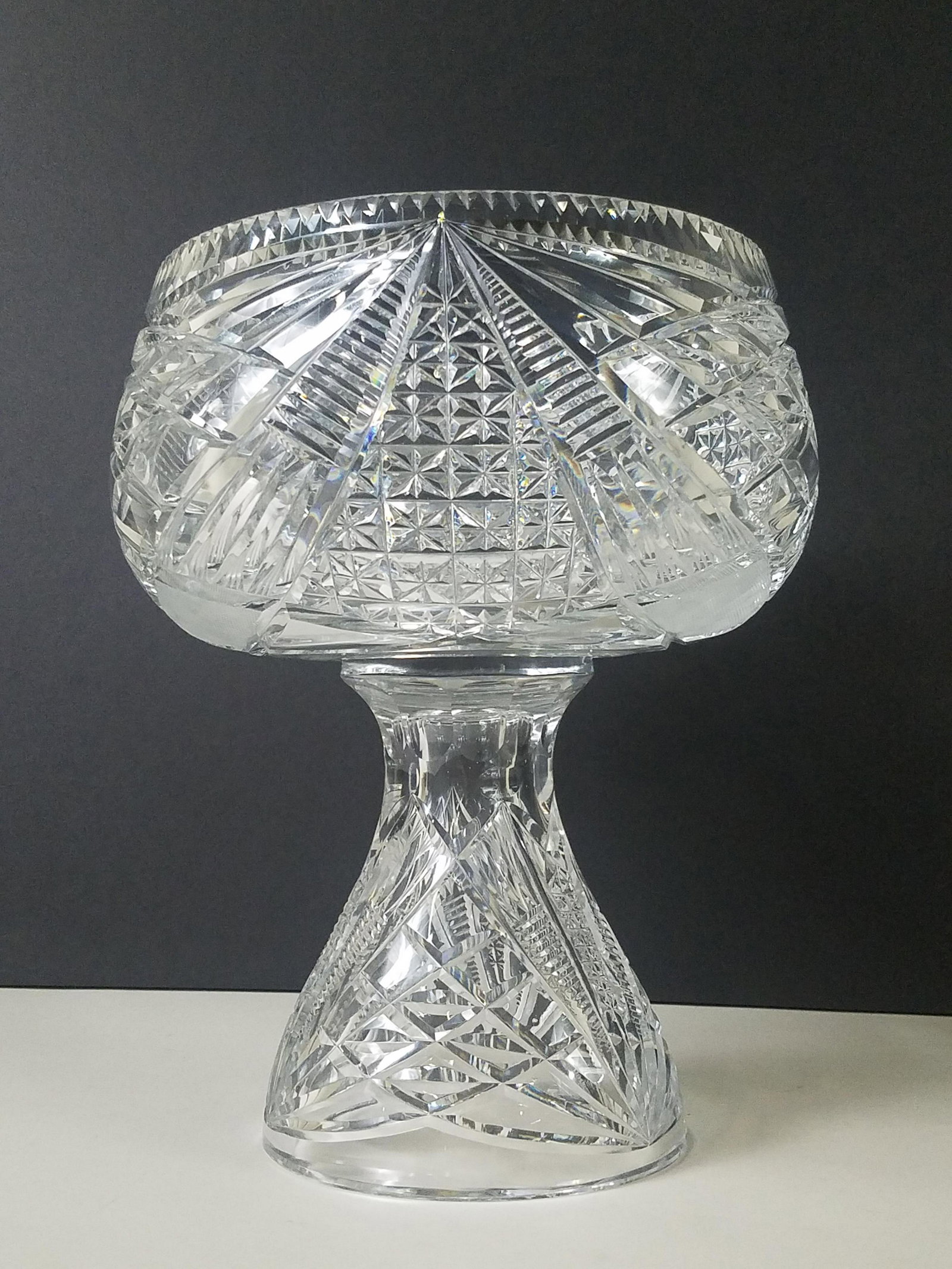 Clark Honesdale Punch Bowl: Overall 13-1/4" high. Top: 10-1/2" diameter x 6-1/4" high. Base: 6-1-2" diameter x 8" high.
