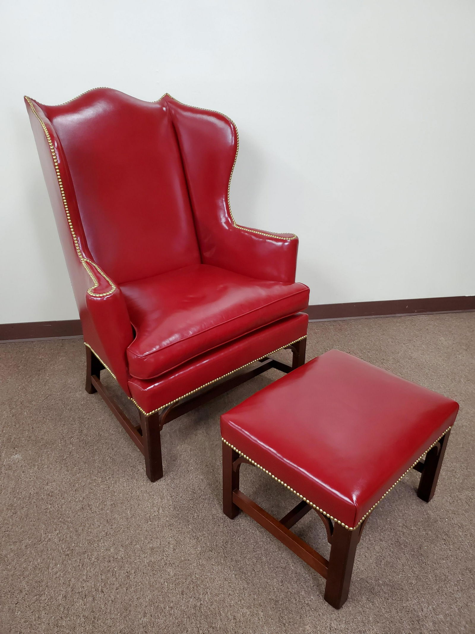Red Leather Wingback Chair & Ottoman (1 of 6)