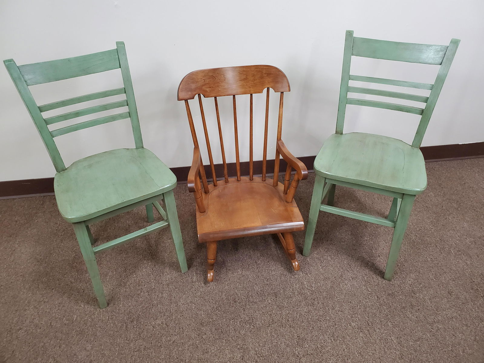 Child's Rocker & Two Green Painted Chairs (1 of 3)