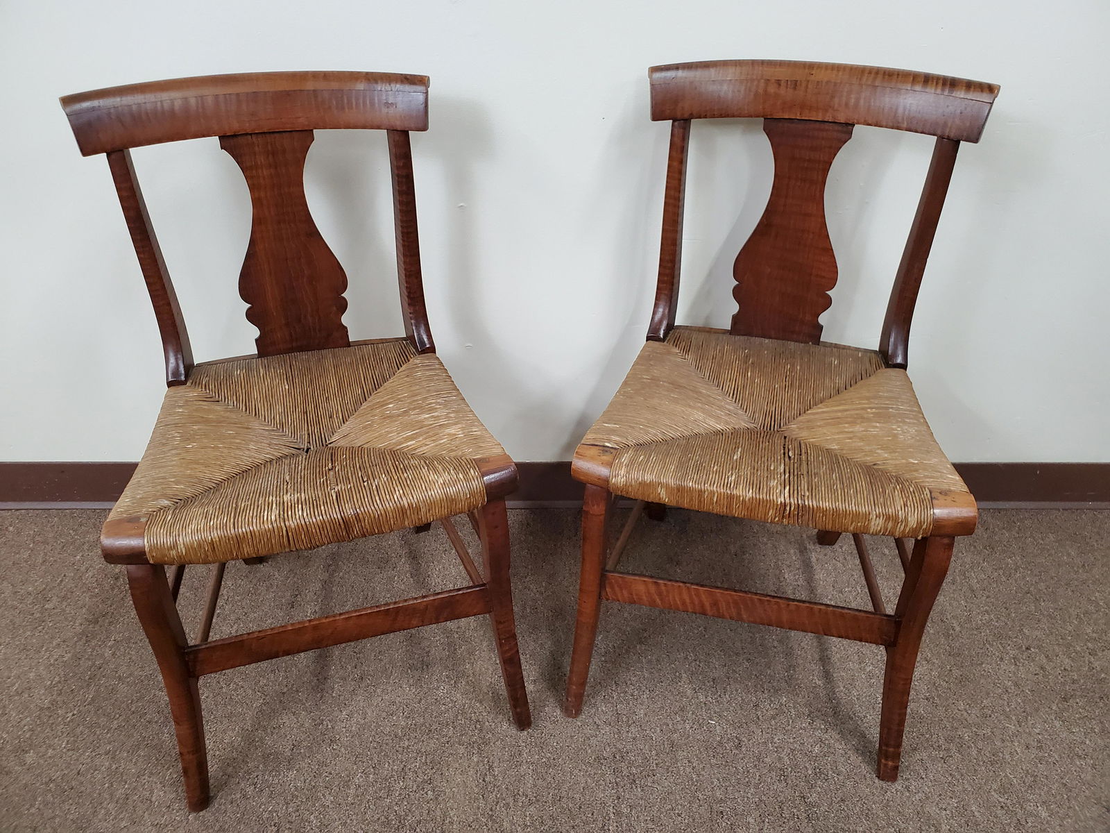 Pair of Tiger Maple Rush Seat Chairs (1 of 4)